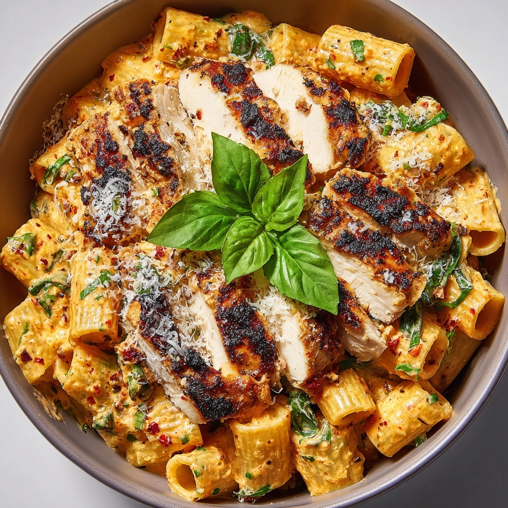 Burst Cherry Tomato Basil Chicken Rigatoni Recipe - Recipe Image