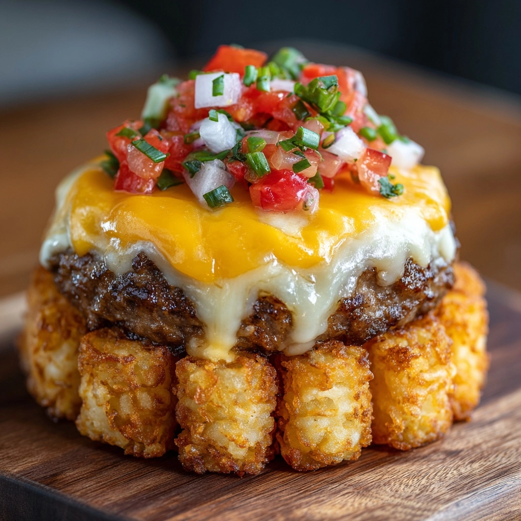Cheeseburger Stuffed Tater Tot Cones with Colossal Cheese Volcano Recipe - Recipe Image