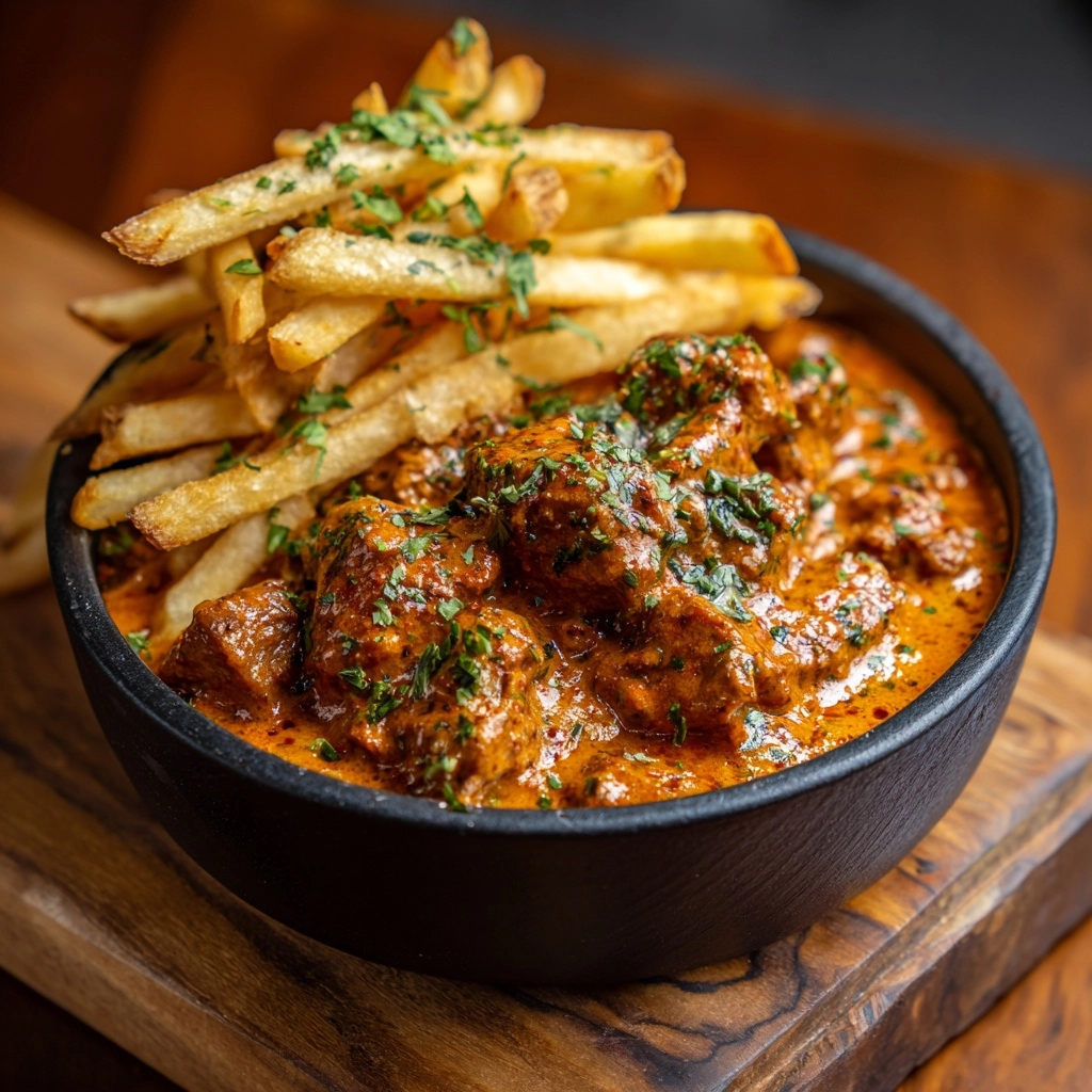 Creamy Butter Chicken in Garlic-Infused Sauce with Golden Crispy Fries Recipe - Recipe Image