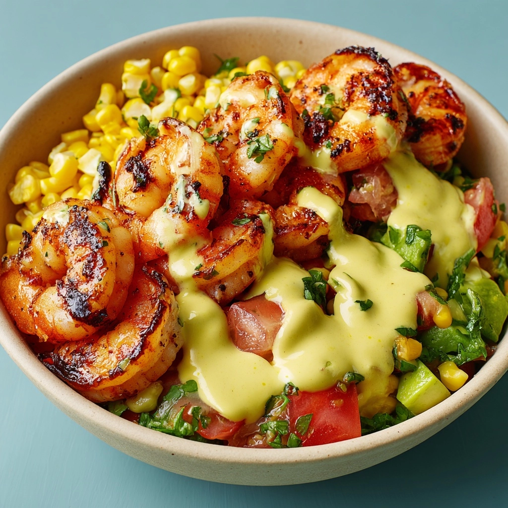 Grilled Shrimp Bowl with Avocado, Corn Salsa & Creamy Garlic Sauce Recipe - Recipe Image