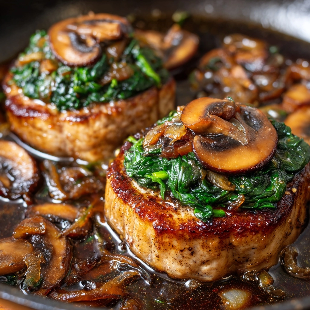 Goat Cheese & Spinach Stuffed Chicken Breast with Caramelized Onions + Mushrooms Recipe - Recipe Image