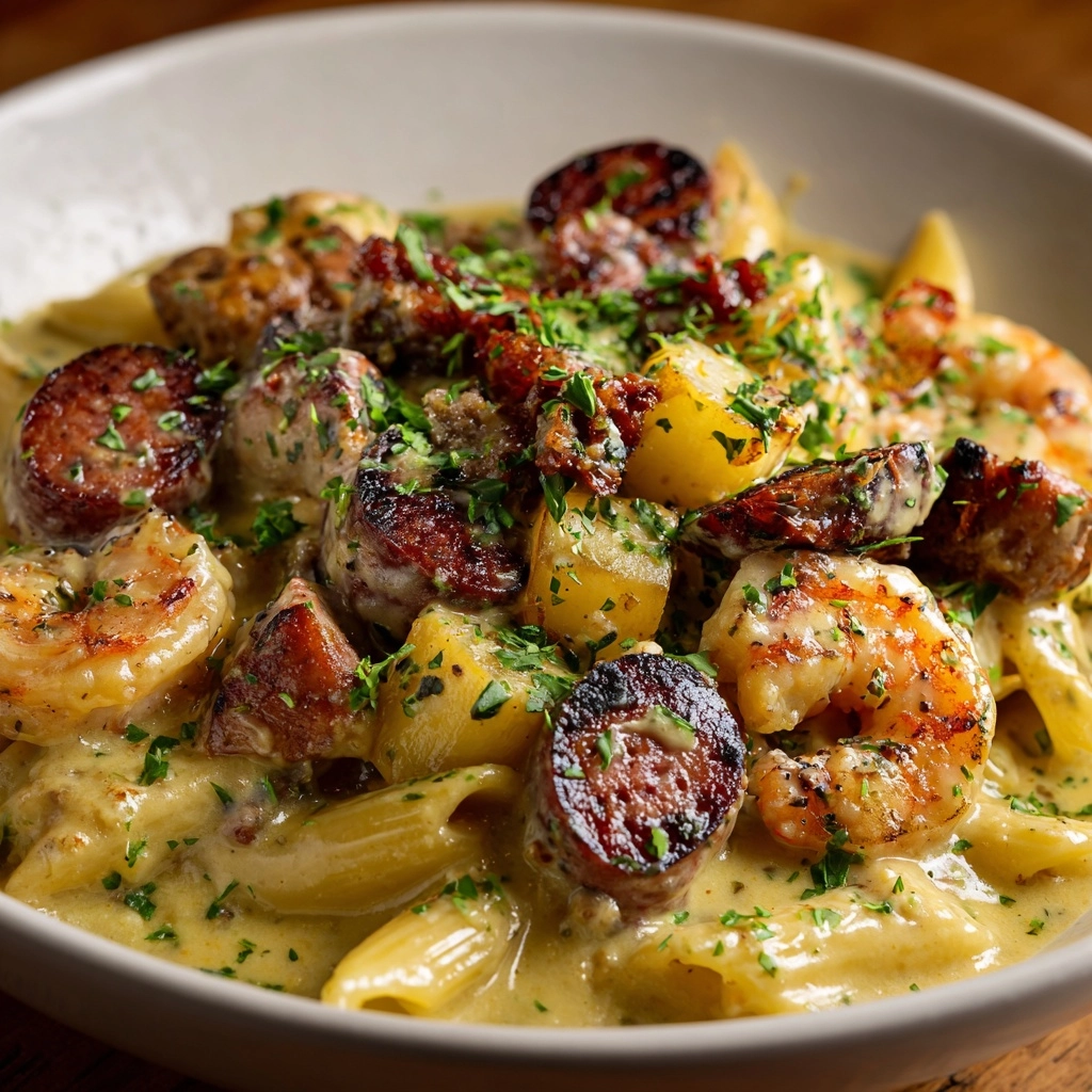 Creamy Cajun Pasta with Shrimp and Spicy Sausage Recipe - Recipe Image