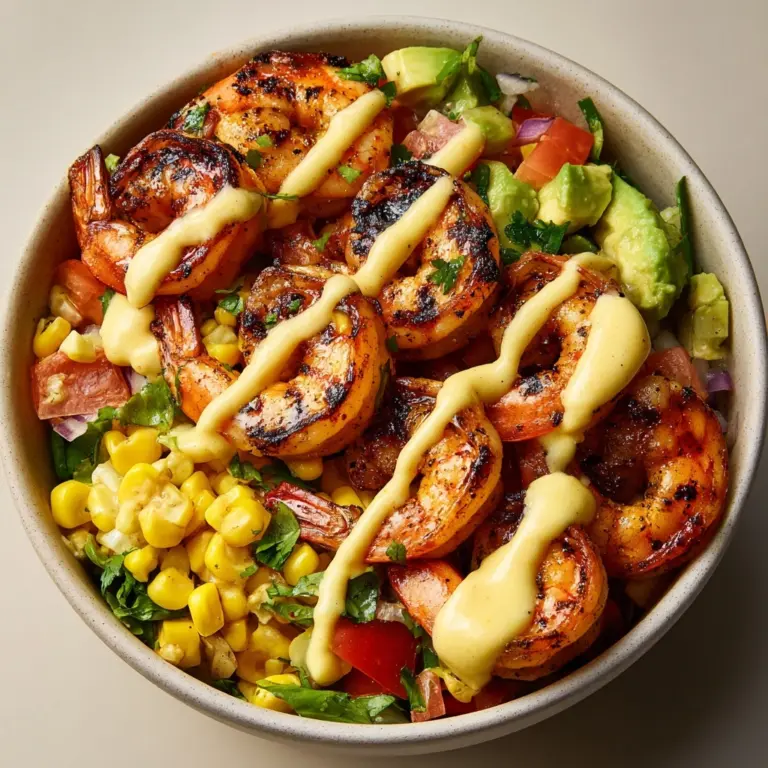 Grilled Shrimp Bowl with Avocado, Corn Salsa & Creamy Garlic Sauce Recipe