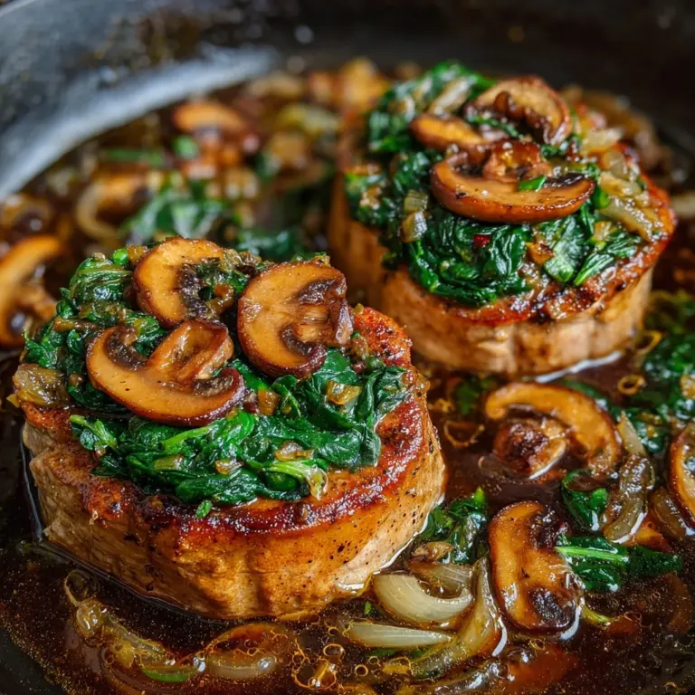 Goat Cheese & Spinach Stuffed Chicken Breast with Caramelized Onions + Mushrooms Recipe