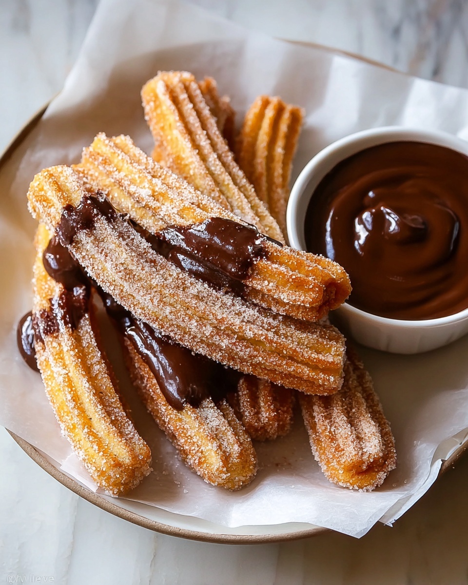 Easy Homemade Churros with Cinnamon Sugar and Chocolate Dipping Sauce Recipe - Recipe Image