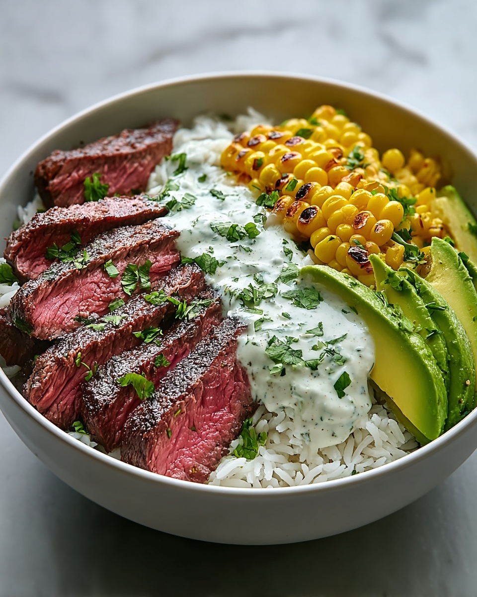 Steak, Avocado, and Roasted Corn Bowl with Cilantro Cream Sauce Recipe - Recipe Image