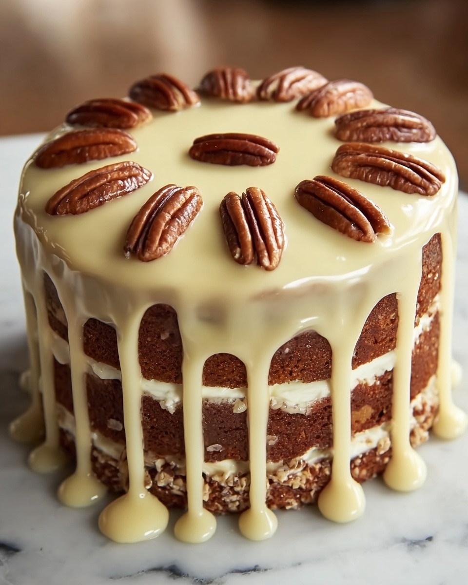 Pecan Praline Cake with Creamy Drip Glaze Recipe - Recipe Image