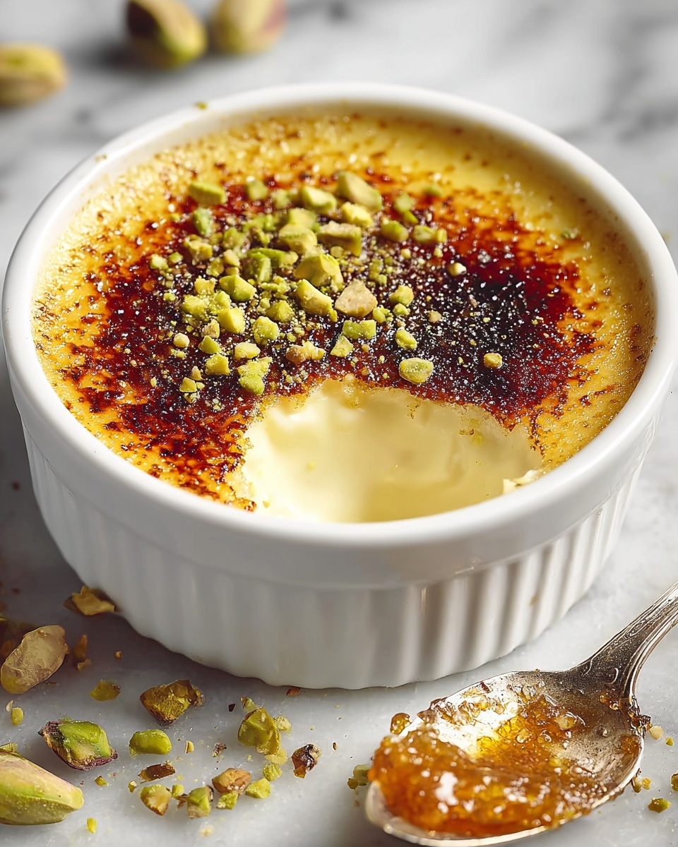 White Chocolate Lavender Crème Brûlée with Pistachio Crunch Recipe - Recipe Image