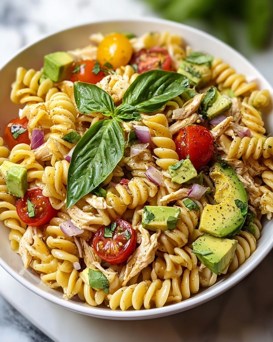 Healthy Chicken Pasta Salad with Avocado and Cherry Tomatoes Recipe - Recipe Image