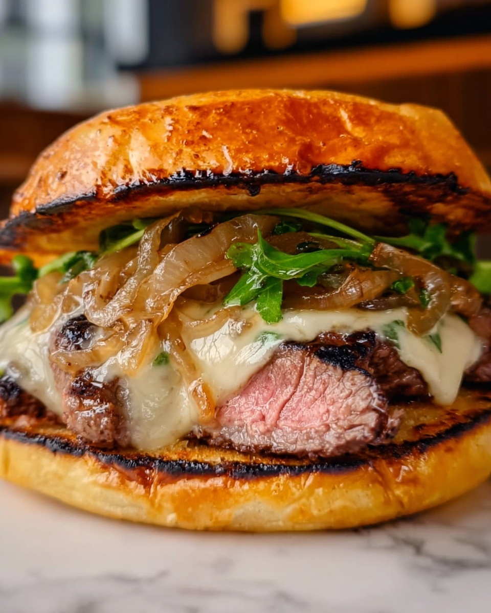 Grilled Ribeye Steak Sandwich with Caramelized Onions, Mushrooms, and Roasted Red Pepper Aioli Recipe - Recipe Image