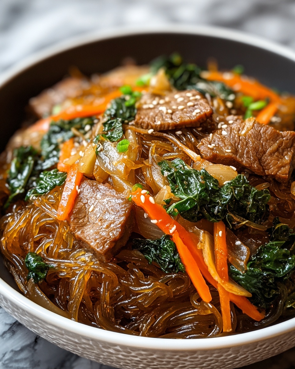 Delicious Korean Japchae with Beef and Sweet Potato Noodles Recipe - Recipe Image