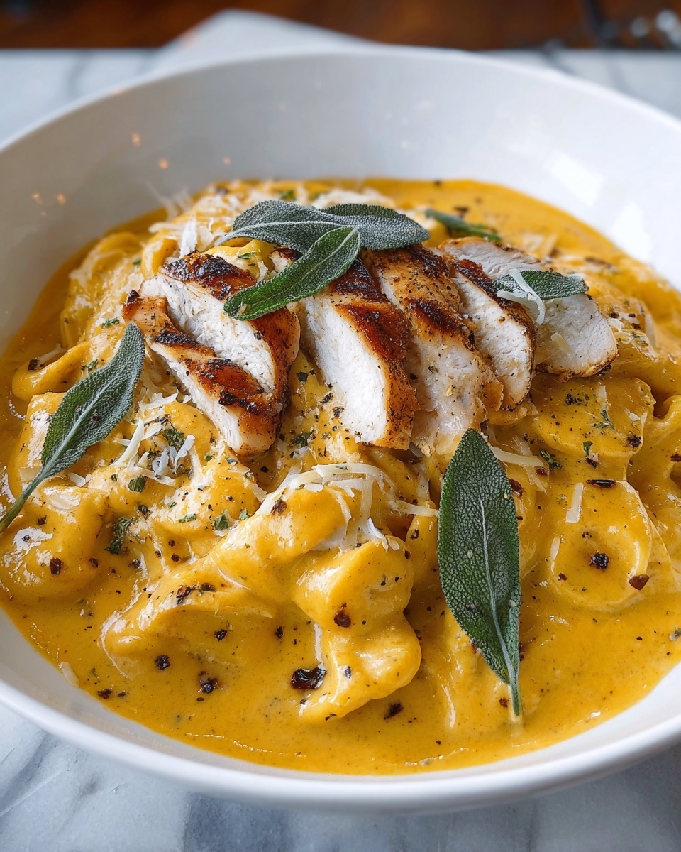 Pumpkin and Roasted Garlic Cream Sauce Fettuccine with Grilled Sage-Rubbed Chicken Recipe - Recipe Image