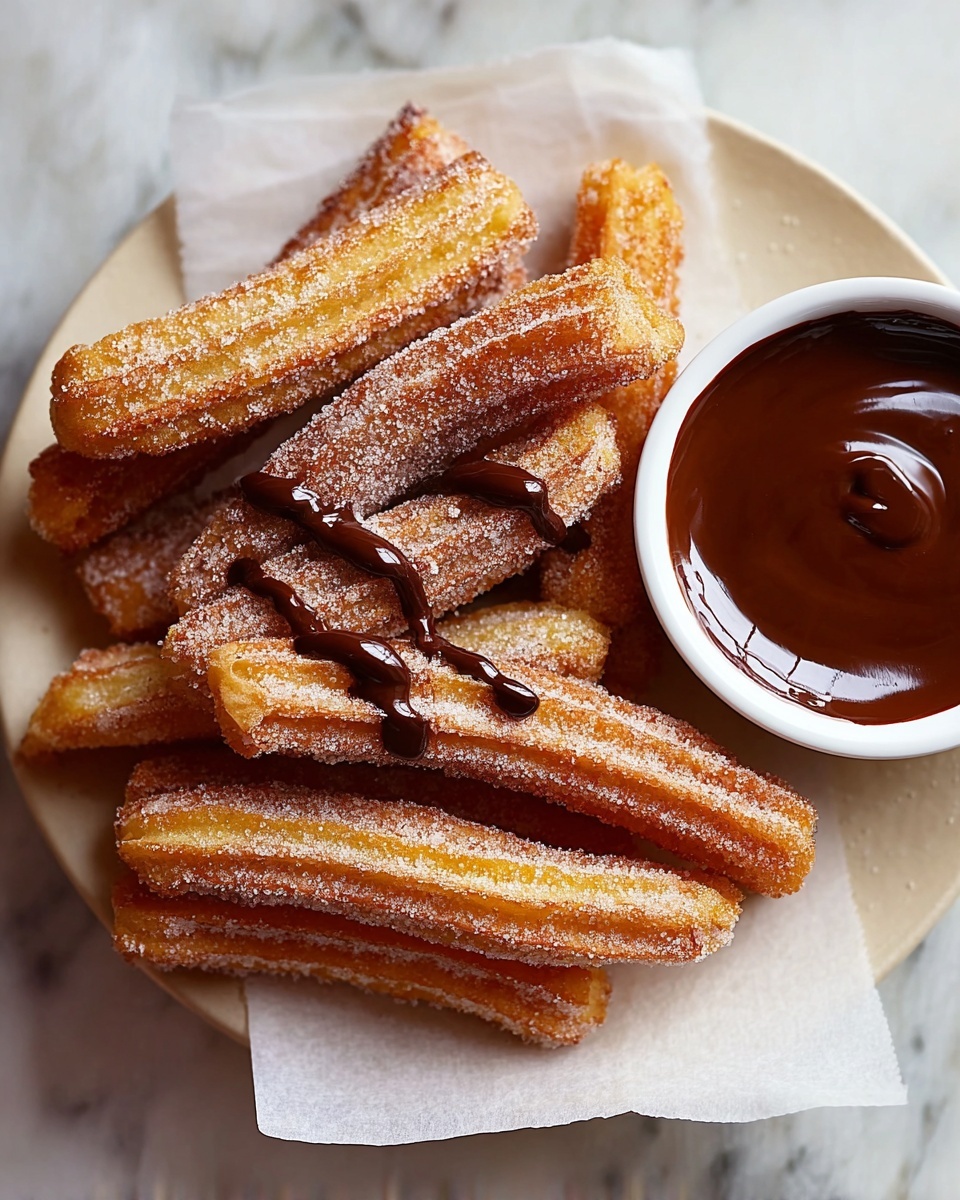 Easy Homemade Churros with Cinnamon Sugar and Chocolate Dipping Sauce Recipe - Recipe Image
