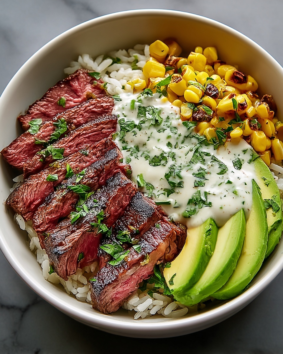 Steak, Avocado, and Roasted Corn Bowl with Cilantro Cream Sauce Recipe - Recipe Image