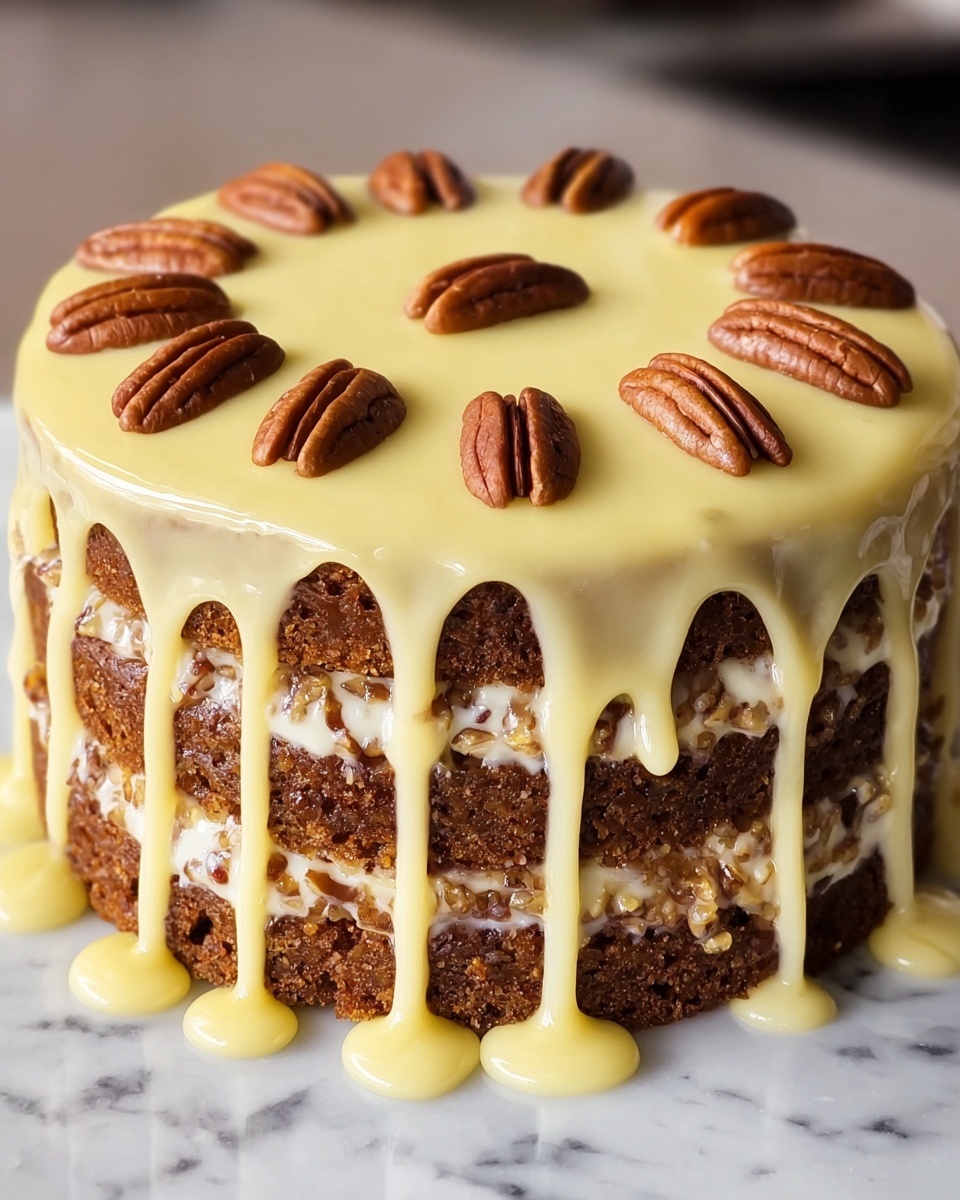 Pecan Praline Cake with Creamy Drip Glaze Recipe - Recipe Image