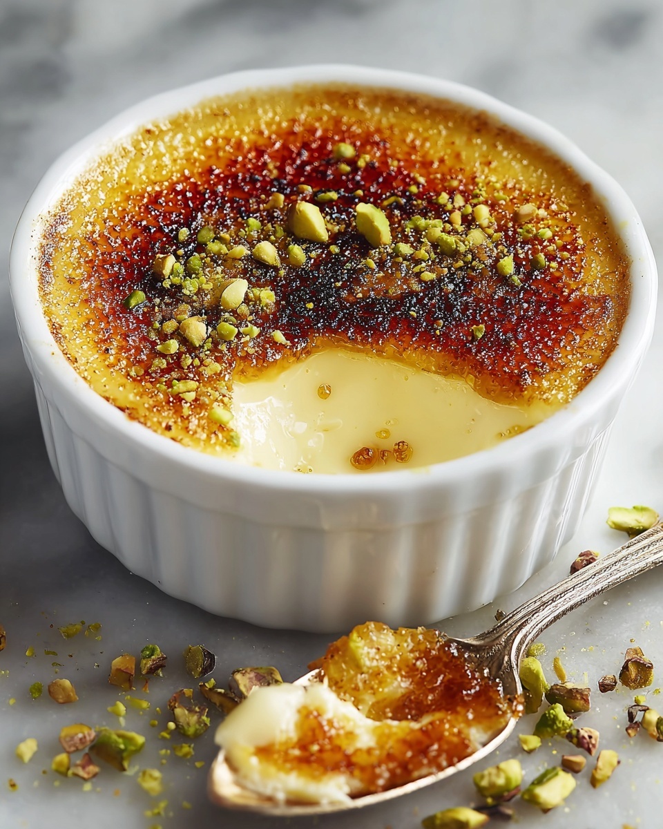 White Chocolate Lavender Crème Brûlée with Pistachio Crunch Recipe - Recipe Image