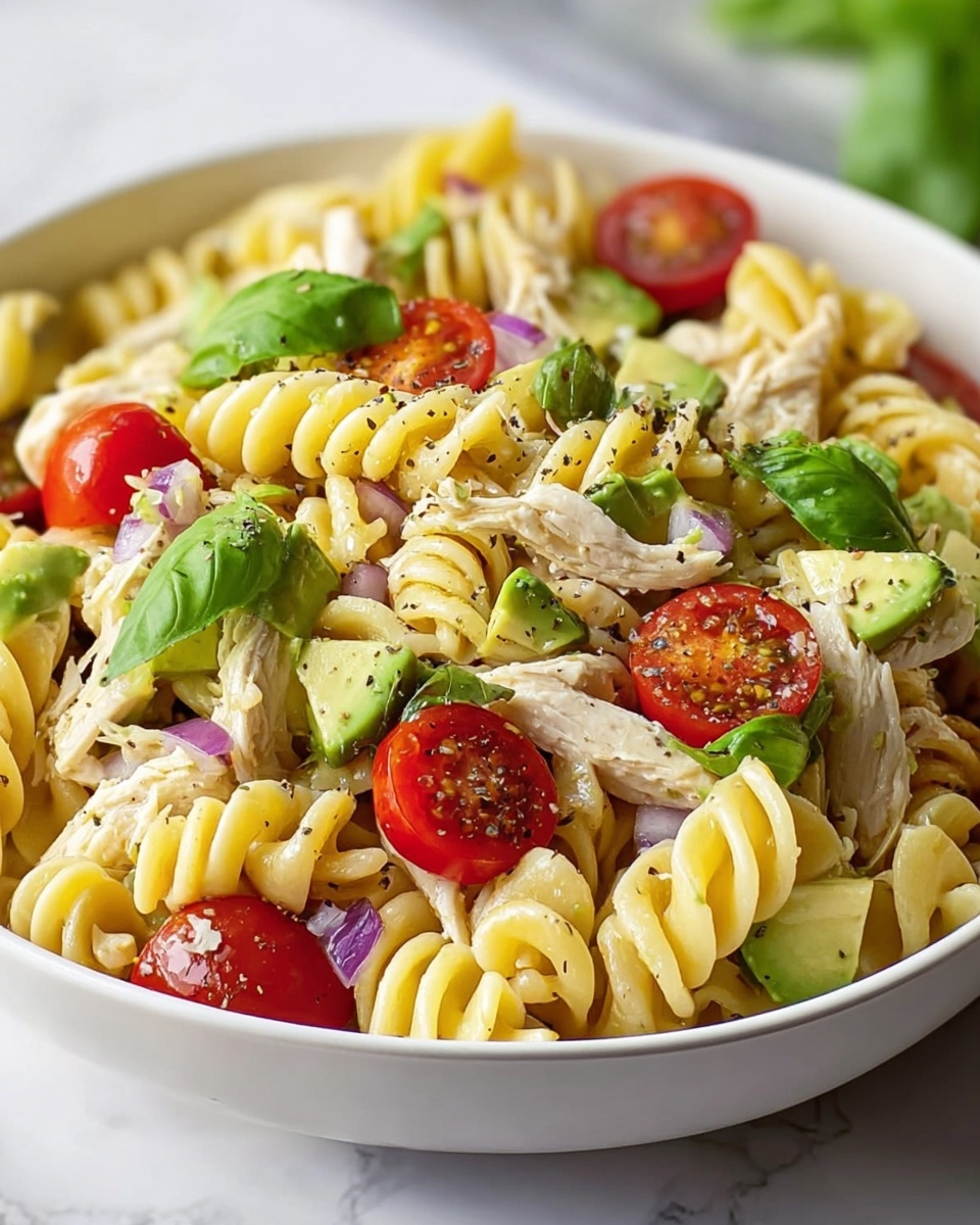 Healthy Chicken Pasta Salad with Avocado and Cherry Tomatoes Recipe - Recipe Image