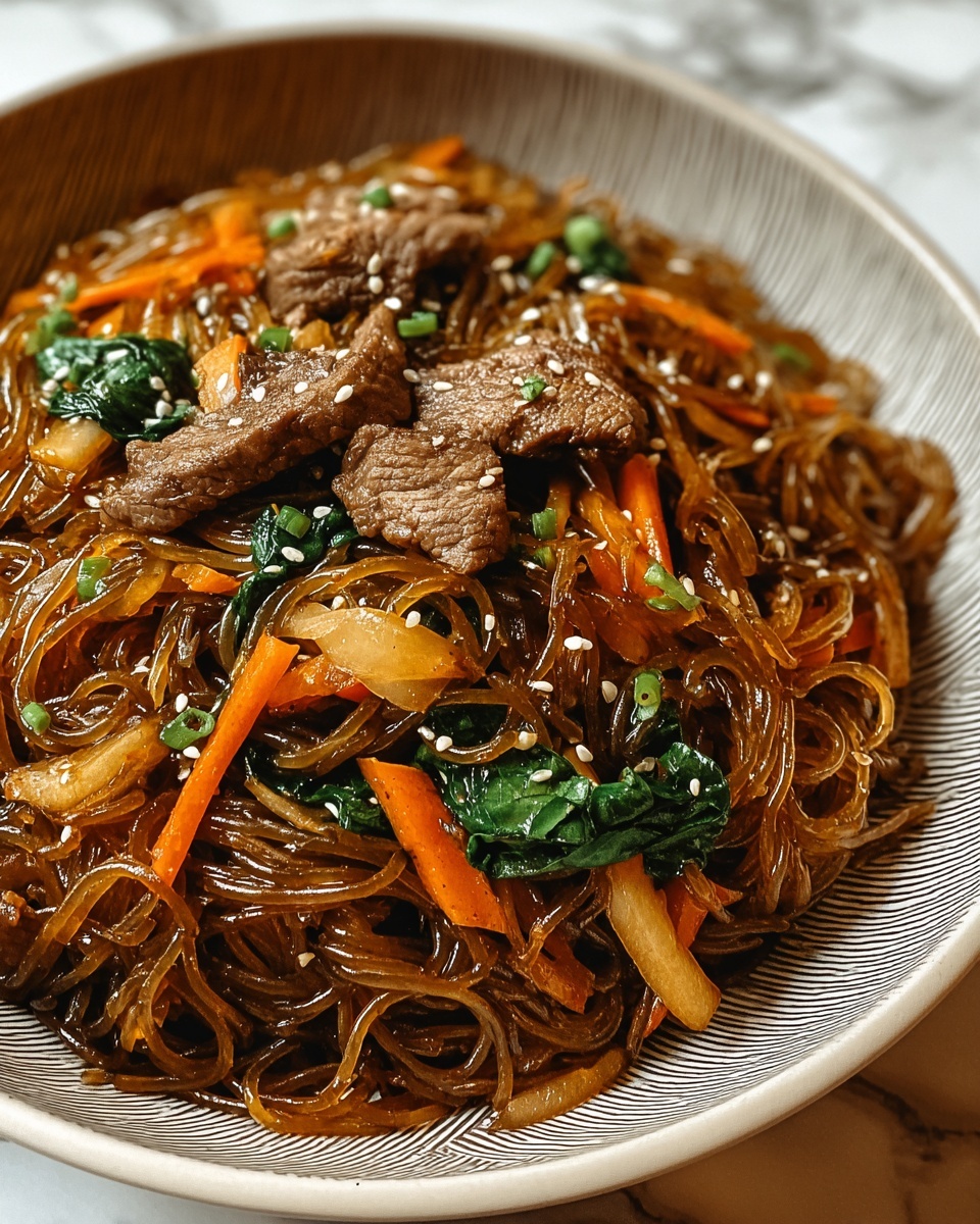 Delicious Korean Japchae with Beef and Sweet Potato Noodles Recipe - Recipe Image