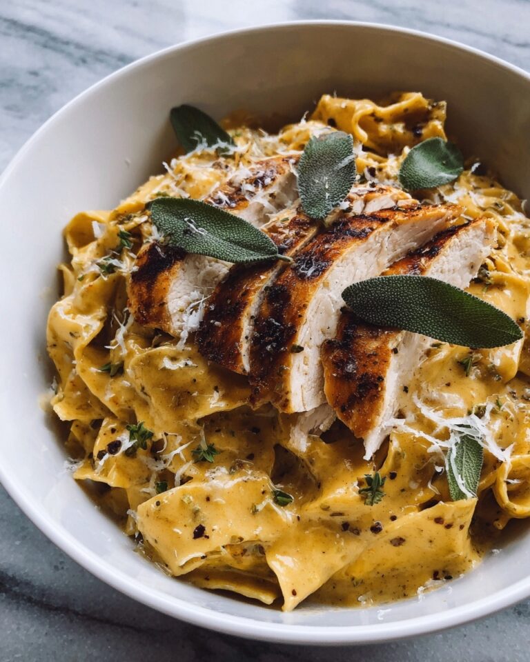 Pumpkin and Roasted Garlic Cream Sauce Fettuccine with Grilled Sage-Rubbed Chicken Recipe