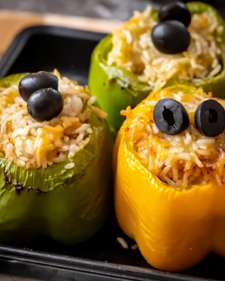 Halloween Shredded Chicken & Rice Stuffed Peppers Recipe