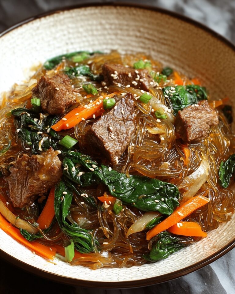 Delicious Korean Japchae with Beef and Sweet Potato Noodles Recipe