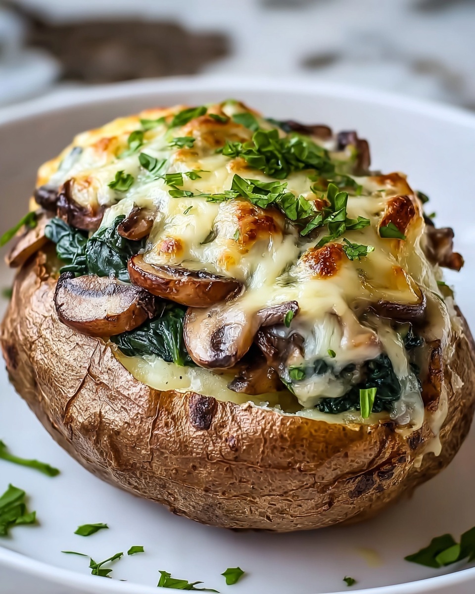 Baked Potatoes Stuffed with Spinach, Mushrooms, and Cheesy Vegan Filling Recipe - Recipe Image