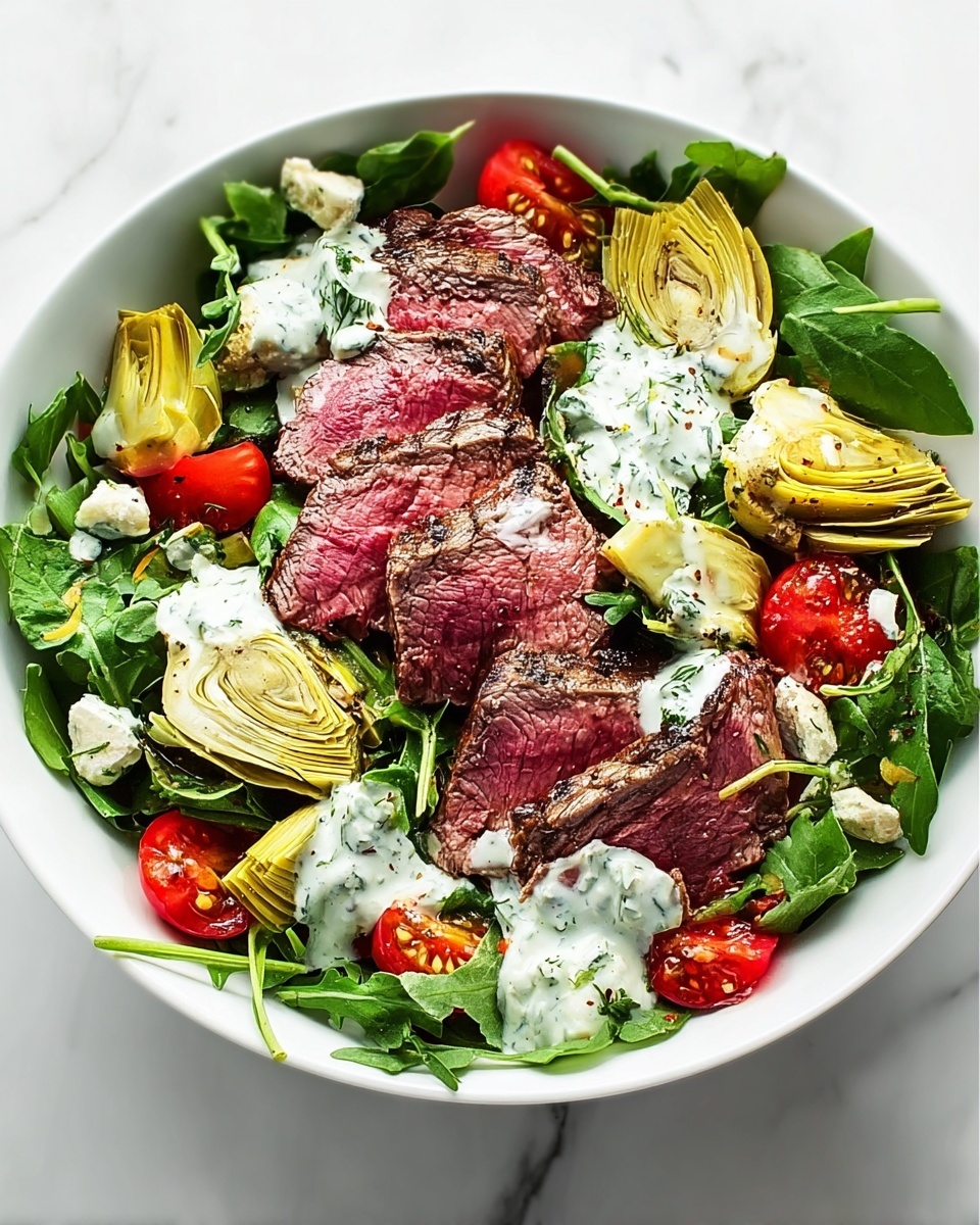 Fresh Steak Artichoke Salad with Creamy Blue Cheese Dressing Recipe - Recipe Image