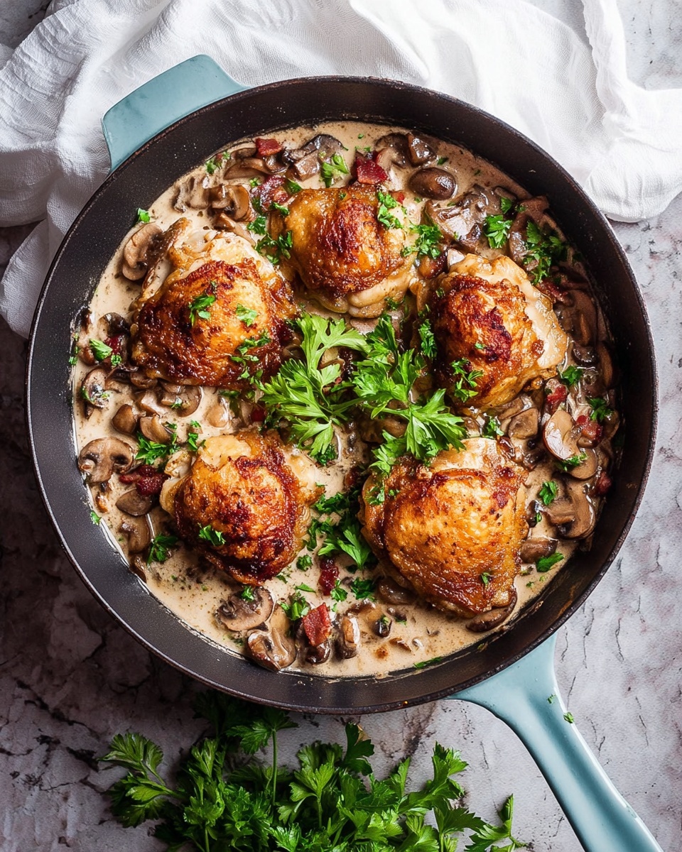 Creamy Bourbon Chicken with Pancetta and Mushrooms Recipe - Recipe Image