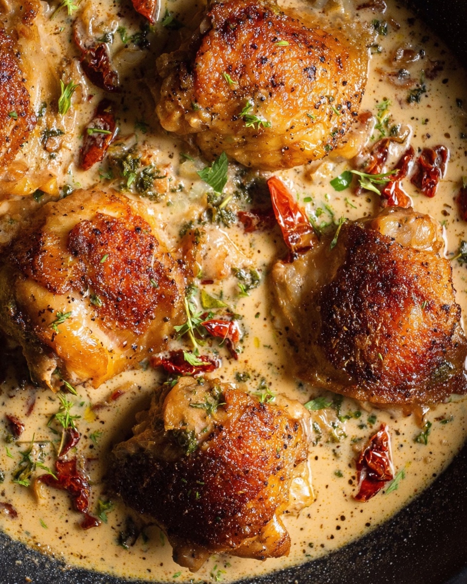 Creamy Chicken Thighs with Sun-Dried Tomatoes and Basil Recipe - Recipe Image