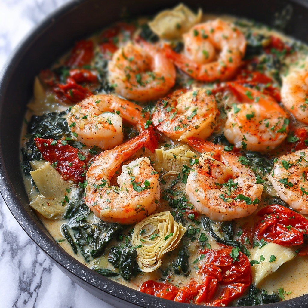 Tuscan Shrimp Skillet with Sun-Dried Tomatoes, Artichokes, and Spinach Recipe - Recipe Image