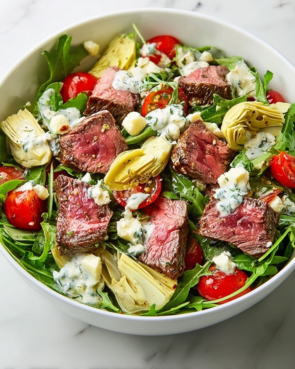 Fresh Steak Artichoke Salad with Creamy Blue Cheese Dressing Recipe - Recipe Image