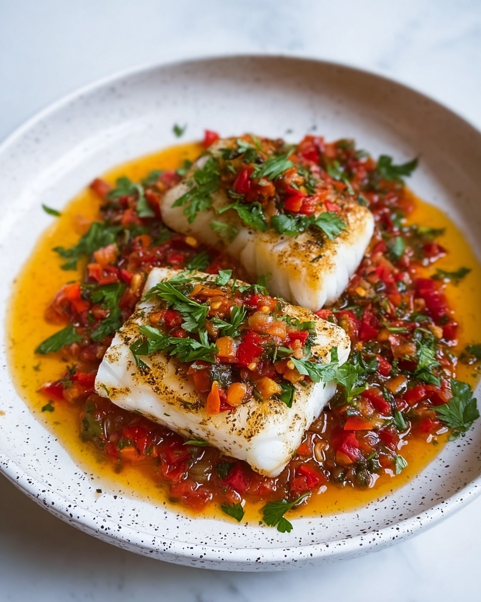 Cod with Fresh Tomato Red Pepper Sauce Recipe - Recipe Image