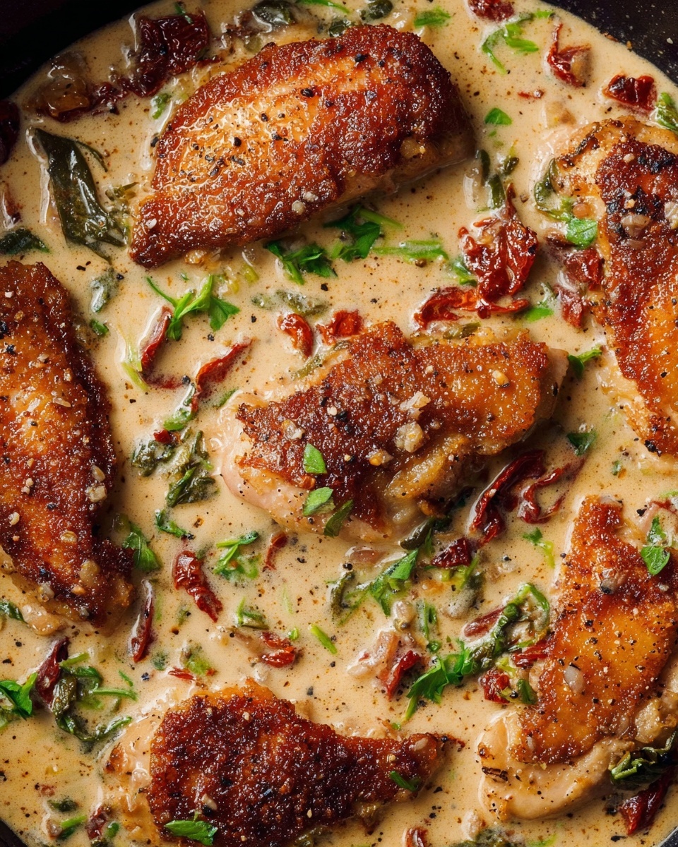 Creamy Chicken Thighs with Sun-Dried Tomatoes and Basil Recipe - Recipe Image