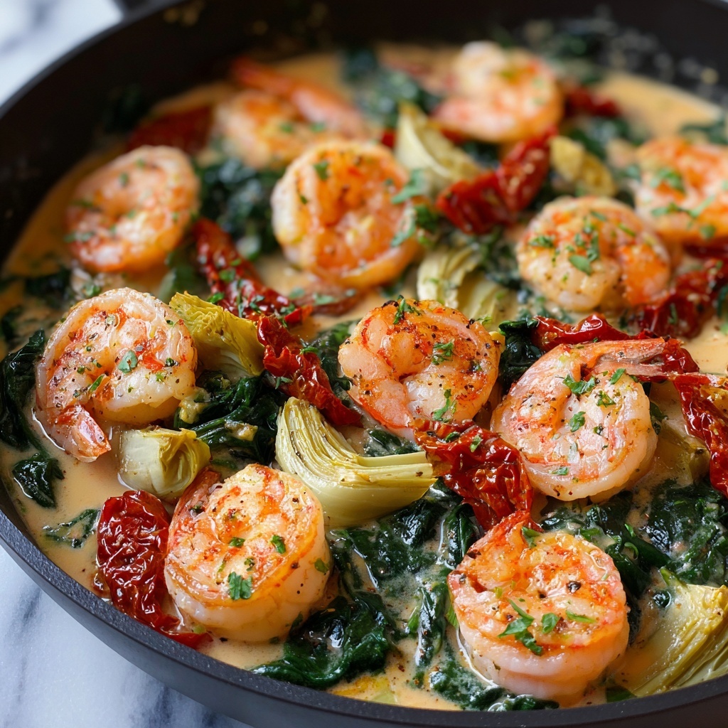 Tuscan Shrimp Skillet with Sun-Dried Tomatoes, Artichokes, and Spinach Recipe - Recipe Image