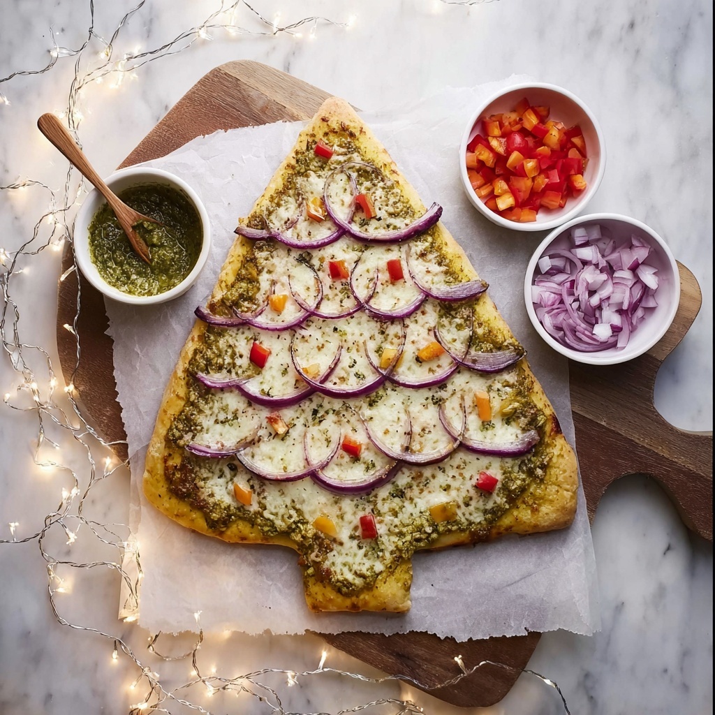 Christmas Tree Pizza with Pesto, Red Peppers, and Onions Recipe - Recipe Image