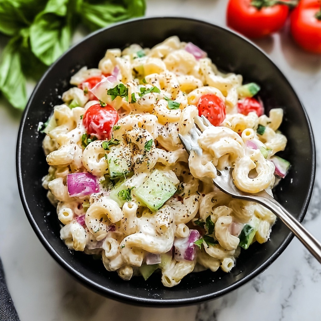 Creamy Macaroni Salad with Fresh Vegetables and Hard-Boiled Eggs Recipe - Recipe Image