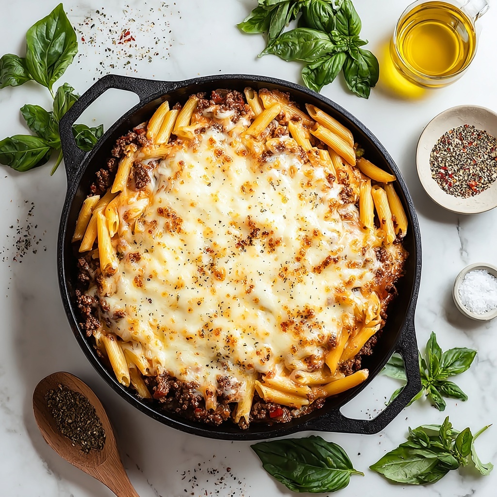 Cheesy Penne with Garlic Butter Ground Beef Recipe - Recipe Image