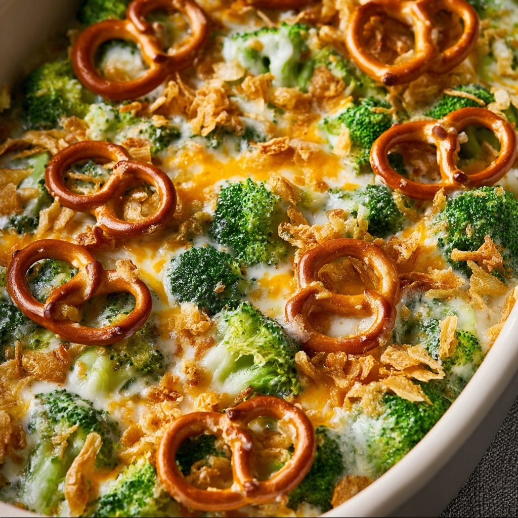 Creamy Broccoli Cheddar Casserole with Garlic Butter Pretzels Recipe - Recipe Image