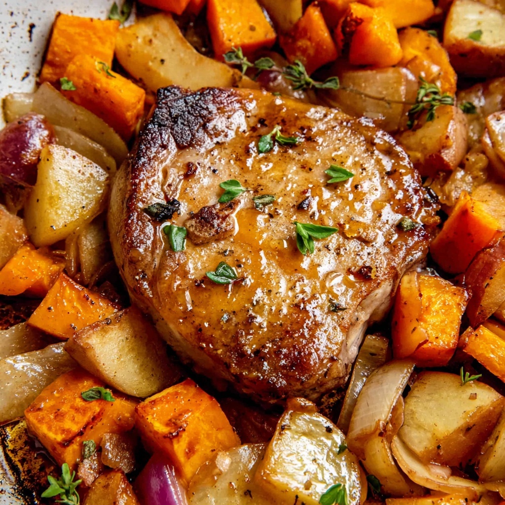 Pan Seared Pork Chops with Apple Cider Glaze and Roasted Sweet Potatoes and Apples Recipe - Recipe Image