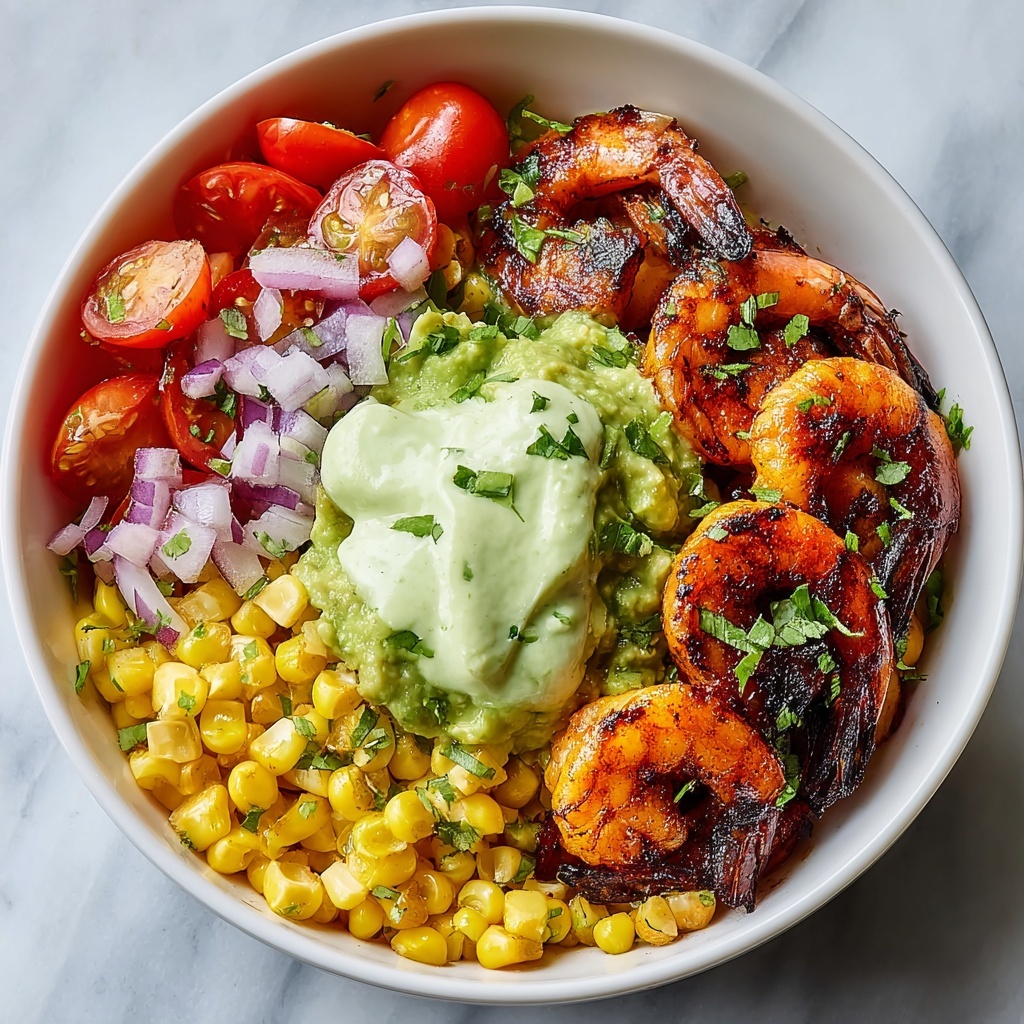Grilled Shrimp Bowl with Avocado Corn Salsa and Creamy Garlic Sauce Recipe - Recipe Image
