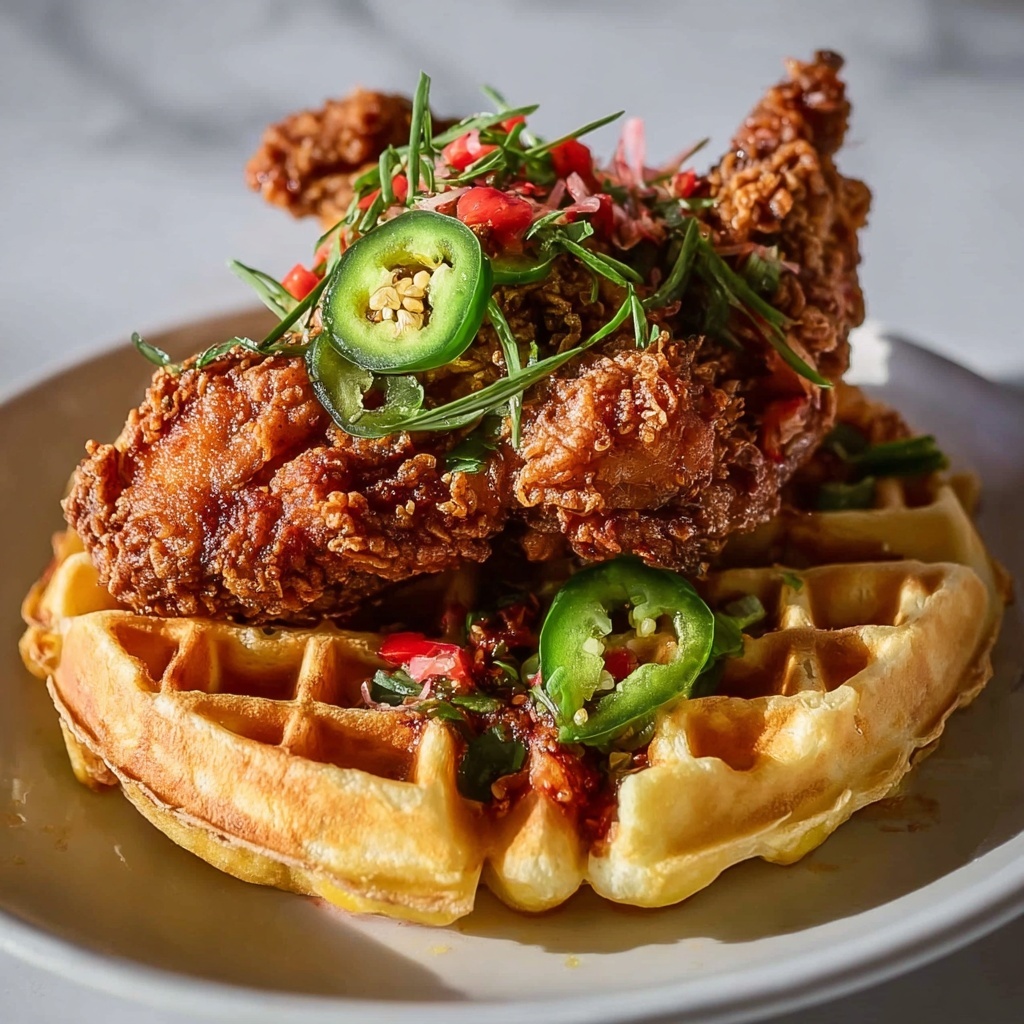 Homemade Fried Chicken ‘n’ Waffles with Jalapeno Honey Butter Sauce Recipe - Recipe Image