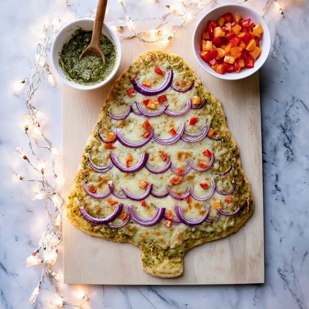 Christmas Tree Pizza with Pesto, Red Peppers, and Onions Recipe - Recipe Image