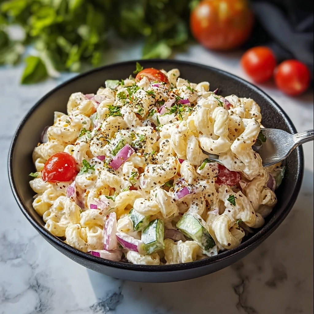 Creamy Macaroni Salad with Fresh Vegetables and Hard-Boiled Eggs Recipe - Recipe Image