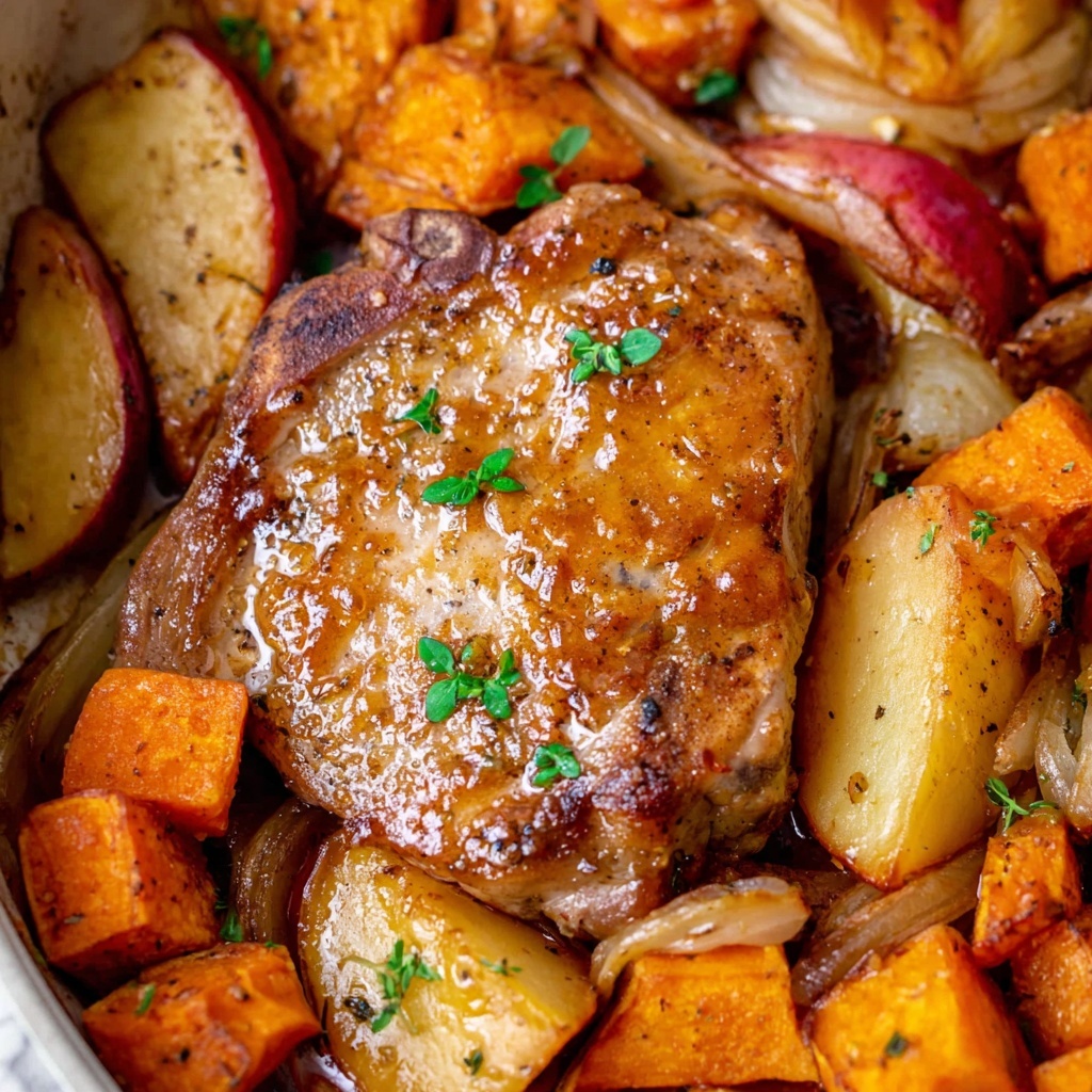 Pan Seared Pork Chops with Apple Cider Glaze and Roasted Sweet Potatoes and Apples Recipe - Recipe Image