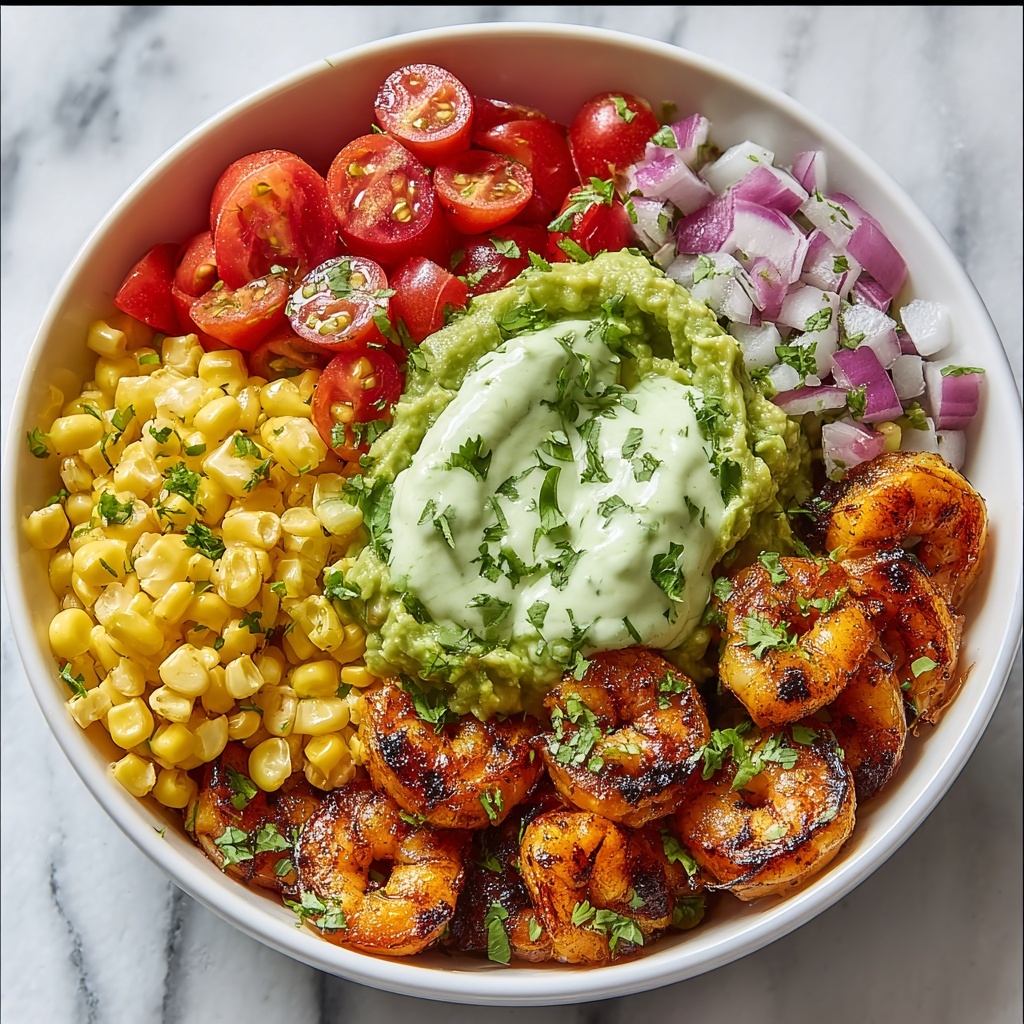Grilled Shrimp Bowl with Avocado Corn Salsa and Creamy Garlic Sauce Recipe - Recipe Image