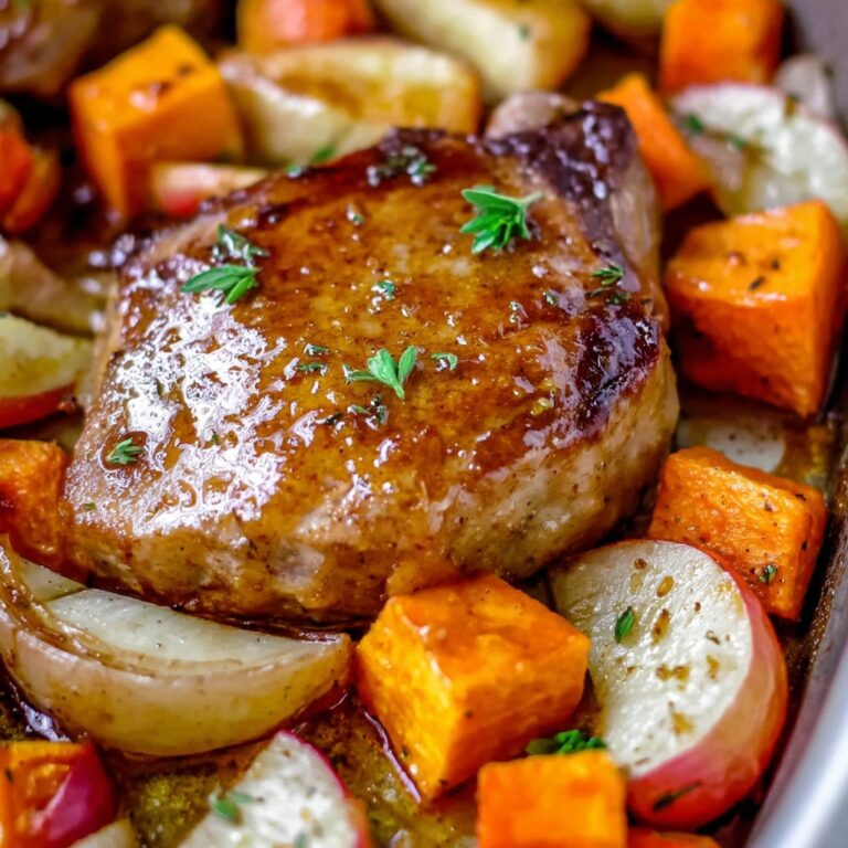 Pan Seared Pork Chops with Apple Cider Glaze and Roasted Sweet Potatoes and Apples Recipe