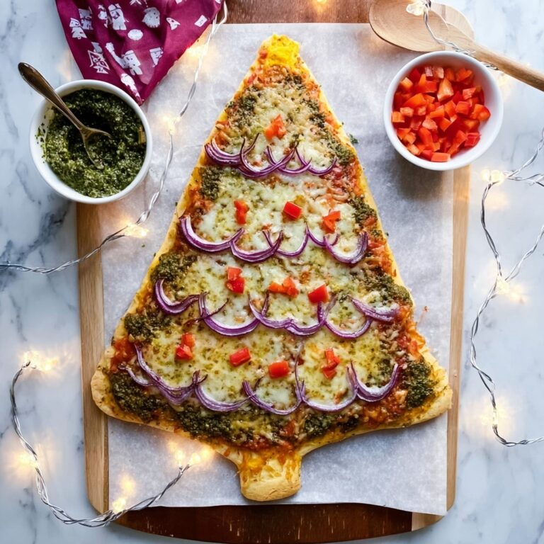 Christmas Tree Pizza with Pesto, Red Peppers, and Onions Recipe