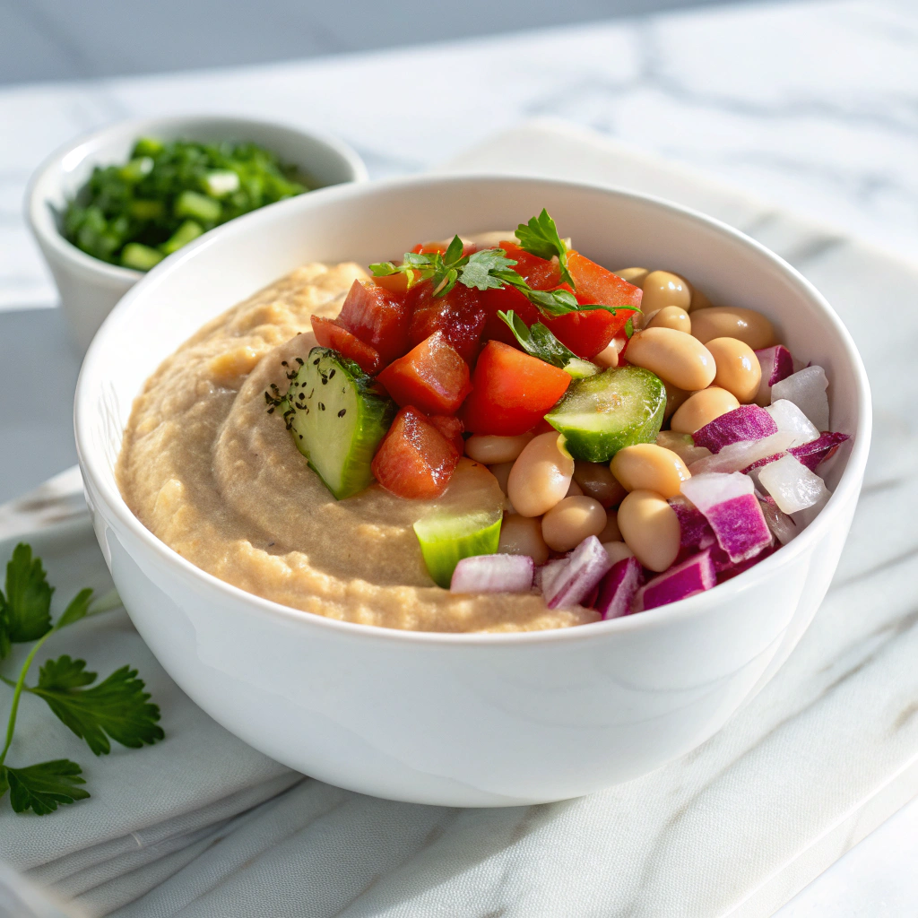 Ful Medames: Traditional Egyptian Mashed Fava Beans with Fresh Vegetable Topping Recipe - Recipe Image