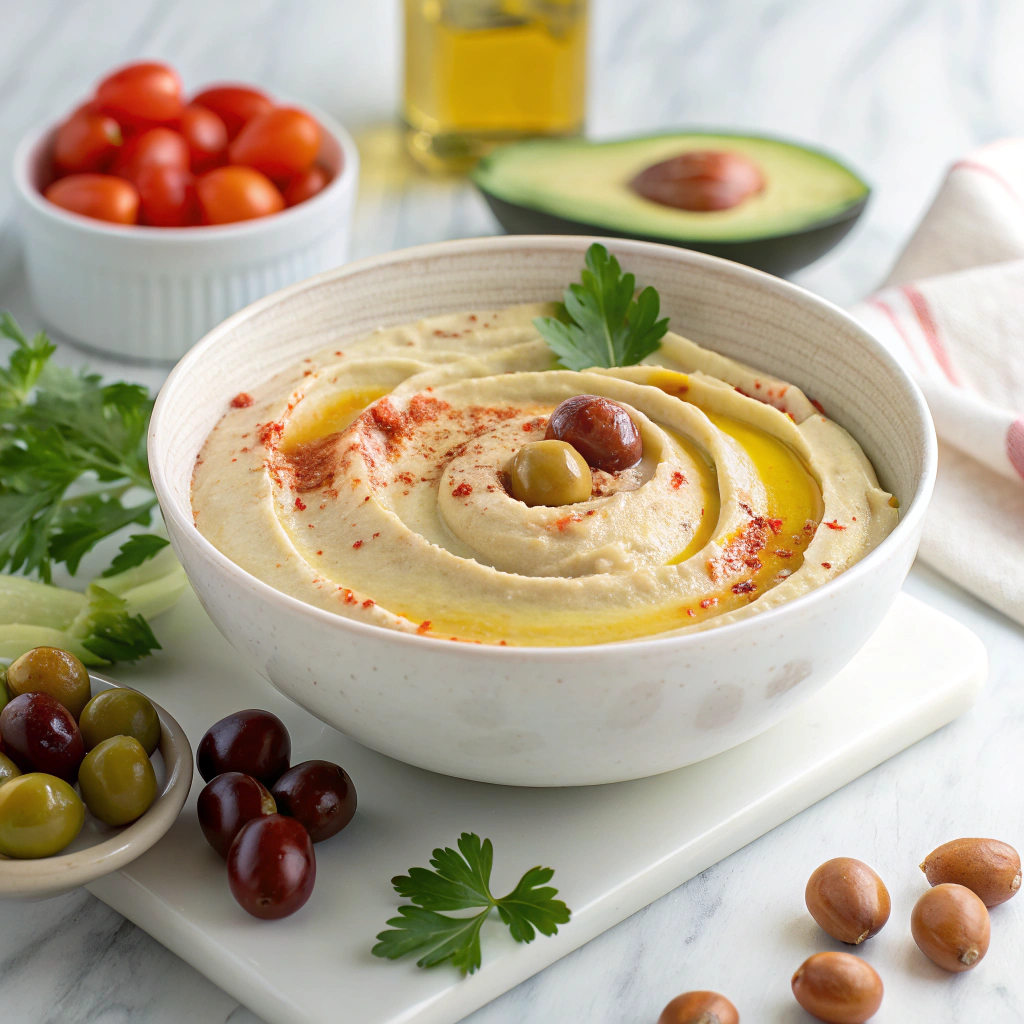 Loaded Hummus Dip with Fresh Vegetables, Olives, and Feta Recipe - Recipe Image