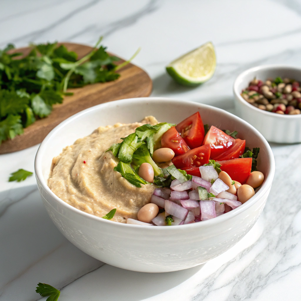 Ful Medames: Traditional Egyptian Mashed Fava Beans with Fresh Vegetable Topping Recipe - Recipe Image